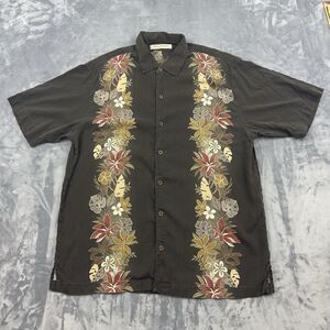 Tommy Bahama Shirt Mens Size L Brown Floral Hawaiian 100% Silk Button Up